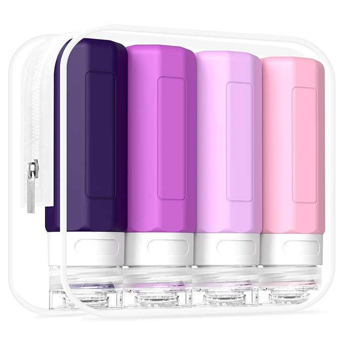 Redfly Travel Bottles for Toiletries, Tsa Approved 3oz Travel Size Containers, Leak Proof Travel Size Toiletries Bottles Silicone, BPA Free Refillable Essentials for Shampoo Conditioners, Purple