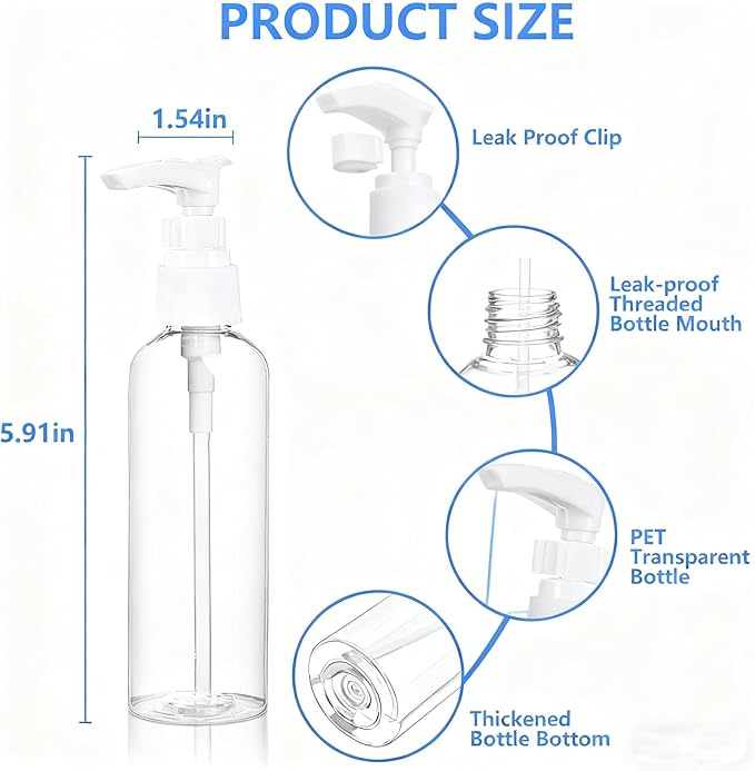 4 Pack 3.4 Oz (100ml) TSA Approved Travel Pump Bottles for Toiletries Clear Travel Size Bottles Leak Proof with Labels