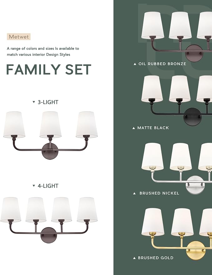 3-Light Oil Rubbed Bronze Bathroom Vanity Light, White Fabric | Ideal for 28-38" mirrors, 24.5" bathroom light fixtures over mirror, upward only, E26 base, bulbs not included, VL837-ORB-3