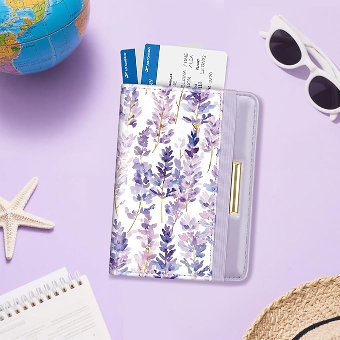 Passport Holder Cover Travel RFID Blocking Passport Cover Cute Flowers Passport Wallet with Elastic Band for Women, Lavender