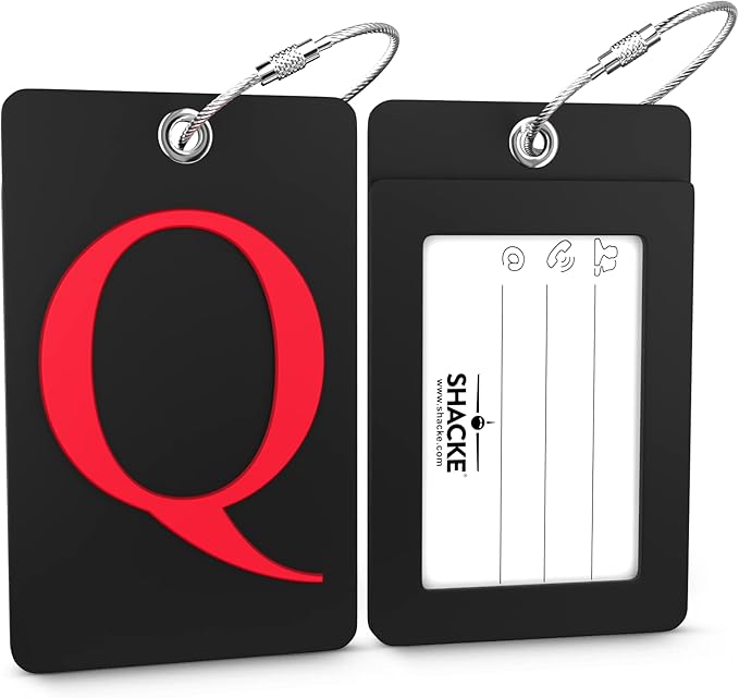 Shacke Luggage Tag Initial - Fully Bendable Tag w/Stainless Steel Loop - Black (Letter Q)