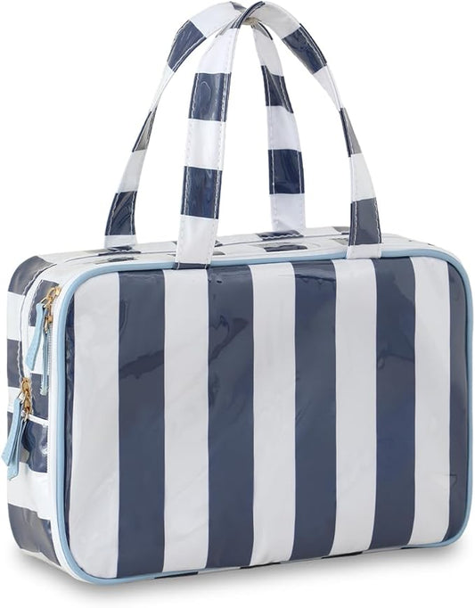 Travel Toiletry Bag for Women, Waterproof Clear Coated Portable Stripe Makeup Cosmetic Bag with Compartment, Travel Organizer for Shampoo, Conditioner, Brushes Set,Cosmetic Accessories(White-Navy)