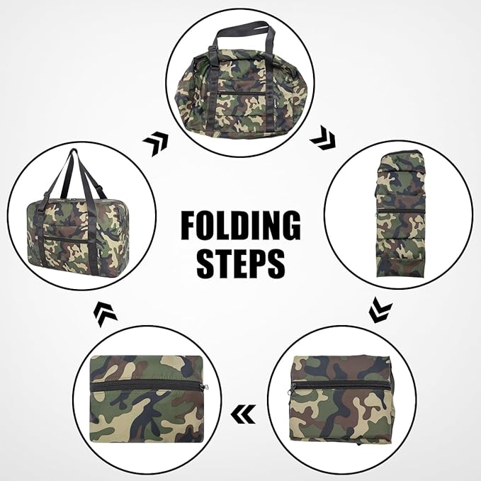 Small Duffle Bag for Men Women, Mini Gym Bag Foldable Travel Tote Carry On Luggage with Trolley Sleeve, Green Camo