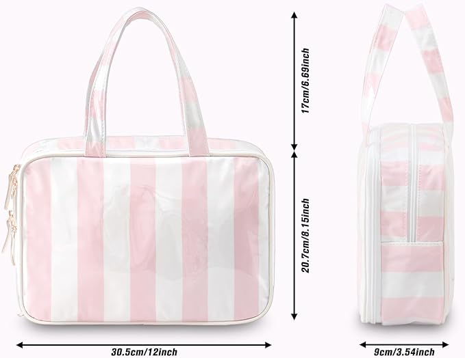 Travel Toiletry Bag for Women, Waterproof Clear Coated Portable Stripe Makeup Cosmetic Bag with Compartment, Travel Organizer for Shampoo, Conditioner, Brushes Set,Cosmetic Accessories(White-Pink)