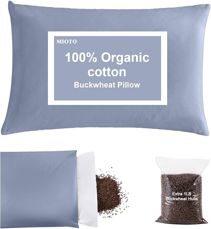 Organic Buckwheat Pillow for Sleeping with Dual-Layer Pillowcase and Extra Tartary Buckwheat Hulls, Adjust Height and Firmness, Neck Support Pillow for Back and Side Sleepers 20"x26", Baby Blue