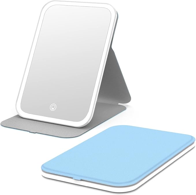Kintion Travel Makeup Mirror, Portable LED Lighted Folding Mirror (Blue) | 60 LEDs, 3-Color Dimmable Rechargeable Tabletop Mirror, 360° Rotation Touch Screen Lighting Vanity Mirror