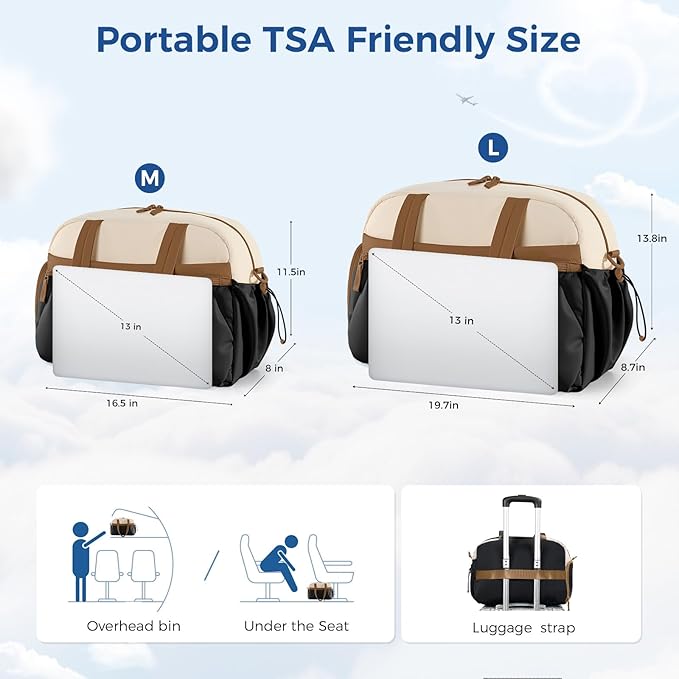 Gym Bag for Women, Puffer Travel Duffle Bag With Shoes Compartment & Wet Pocket, Carry On Tote Bag For Weekender, Overnight, Sport (Beige & Brown, Large)