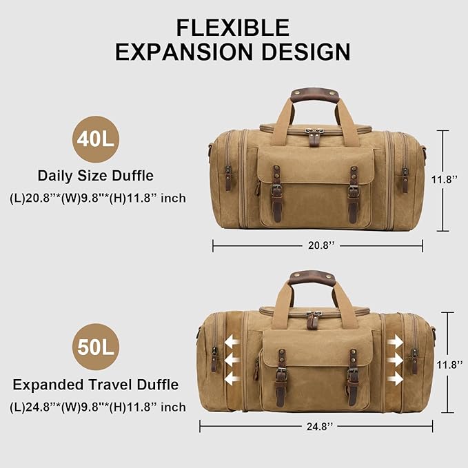 Waxed Canvas Duffel Bag 50L Waterproof Duffle Bag Travel Overnight Weekender Bag