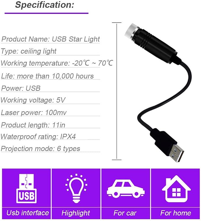 USB Night Light, Star Projector Night Light, Adjustable Romantic red Interior Car Lights, Bending Freely Portable Auto Roof Lights Decoration for Car, Ceiling, Bedroom, Party