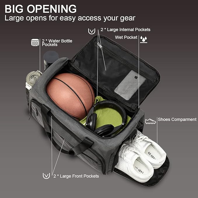 Gym Bag for Men Women, Sports Duffle Bags with Wet Pocket & Shoes Compartment, Water Resistant Overnight Duffel Bag