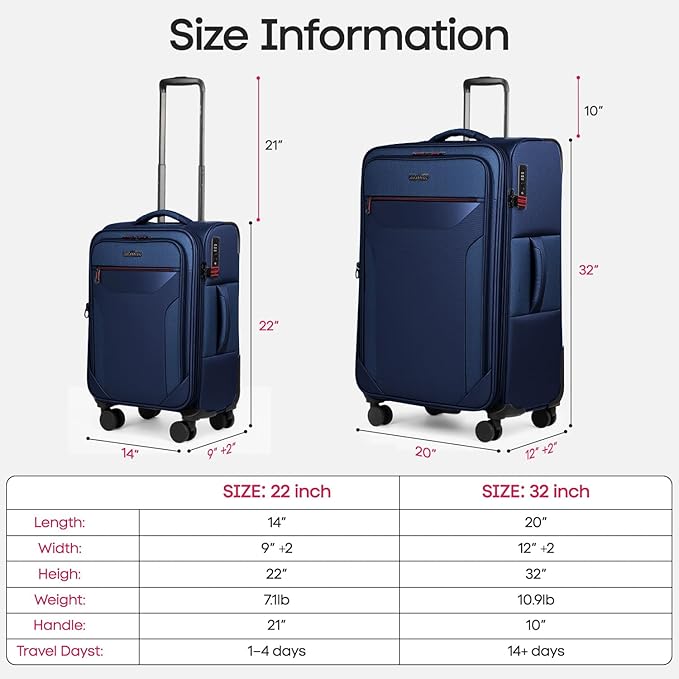 2PCS Set（22in/32in）Softside Luggage Sets w/ Spinner Wheels,Expandable 20% Luggage w/TSA LOCK,Upright Spinner Softshell,Lightweight Durable Rolling Travel Luggage Set for Men/Women（Navy,22in/32in）