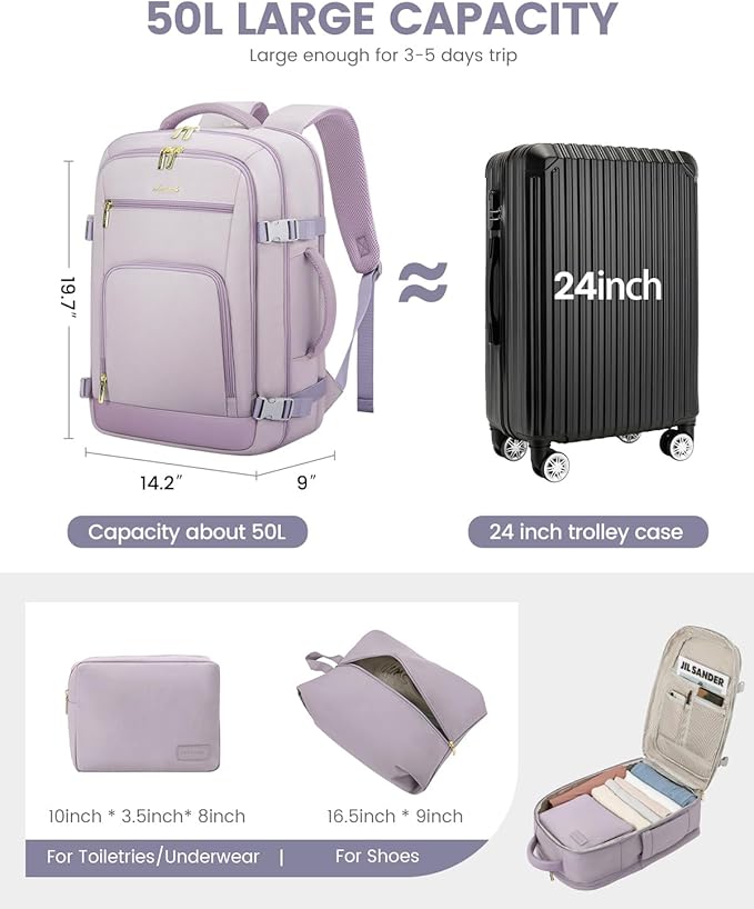 LOVEVOOK Travel Backpack For Women Flight Approved, 50L Large Carry On Backpack For Airplanes, Personal Item Travel Bag, Waterproof 18 Inch Laptop Backpack For Business Weekender Overnight, 4Pcs Set