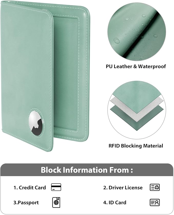 Stouchi AirTag Passport Holder, Cute Passport Holder with Airtag Slot, RFID Passport Wallet Cover for Women, Family Leather Passport Protector Case, Anti-Lost Travel Essentials, Sky Blue
