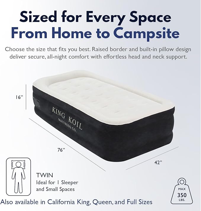 King Koil Plush Pillow Top Luxury Twin Air Mattress with Built-in High-Speed Pump for Camping, Home & Guests - Airbed Inflatable Blow Up Mattress, Waterproof, 1-Year Manufacturer Warranty.
