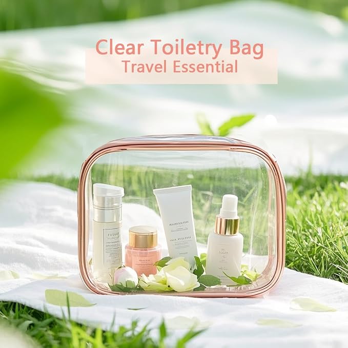 Clear Toiletry Bag, 3 Packs TSA Approved Water resistant Travel Organizer, Airport Airline Travel Essential Carry On Makeup Cosmetic Bags for Women, RosePink - 3 packs
