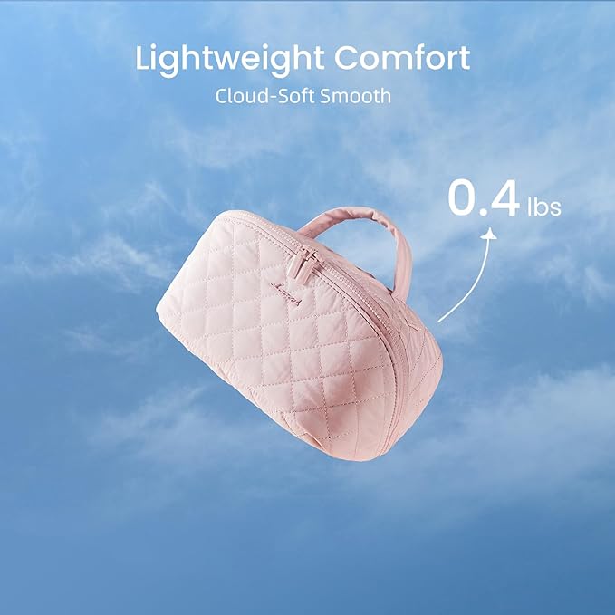 LOVEVOOK Travel Makeup Bag for Women, 2Pcs Puffer Waterproof Cosmetic Organizer, Large Capacity Pouch Open Flat Small Toiletry Bag with Brush Compartment & Handle (Pink, Large)