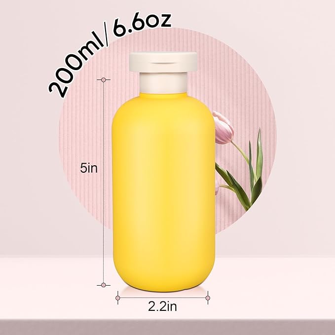DEMORA 6.6oz Travel Bottles for Toiletries, Larger Plastic Travel Squeeze Bottles Leak Proof Refillable Toiletry Containers with Flip Caps and Labels for Shampoo Conditioner Lotion (Yellow, 4 Pcs)