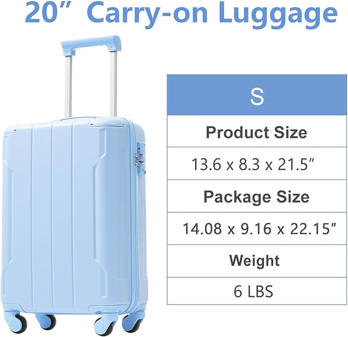 28 Inch Checked-Large Luggage, Lightweight ABS Hard Shell Suitcase with Spinner Wheels, Expandable Travel Luggage with Combination Lock & Side Hooks for Men Women (Sky Blue., 20)