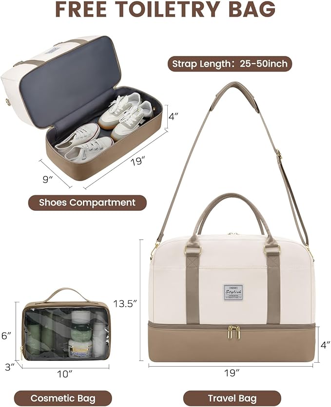 Weekender Travel Duffle Bag for Women: Overnight Bags with Shoe Compartment Carry on Bags for Airplanes with Toiletry Bag Yoga Gym Bag with Wet Pocket Travel Duffel Tote Bag Hospital Bag Khaki Beige
