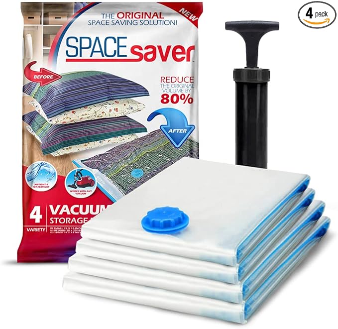 4 Pack Variety Vacuum Storage Bags for Comforters, Blankets & Clothes – Vacuum Sealed Compression Bags with Hand Pump – Space Saver Storage Bags for Bedding, Moving, Travel & Organization (2L & 2XL)