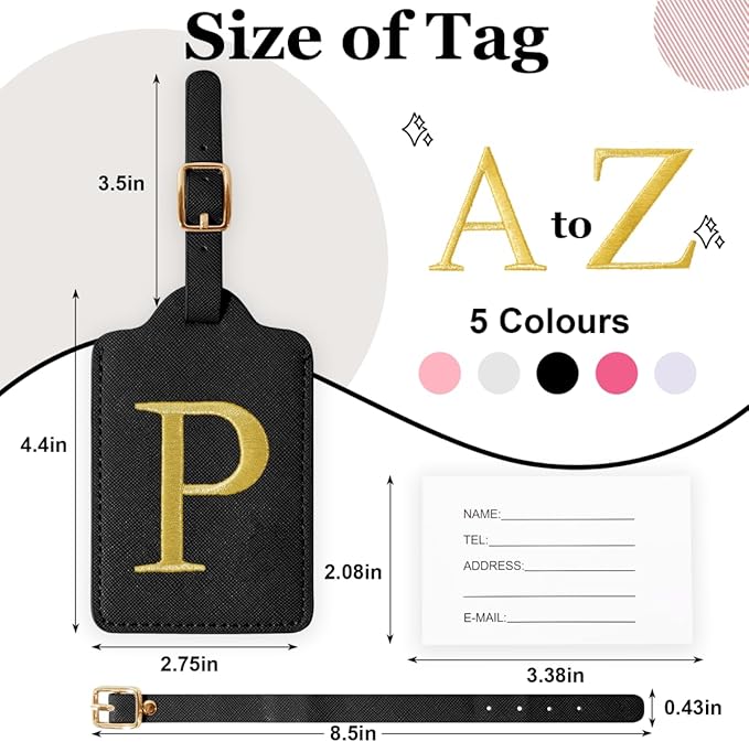 Personalized Initial Luggage Tags for Suitcases,Leather Letter Cute Luggage Tags with Privacy Name Card,Embroidered Monogrammed Travel Bag Backpack Tag Gifts for Women Kids Girls Teens(Black-P)