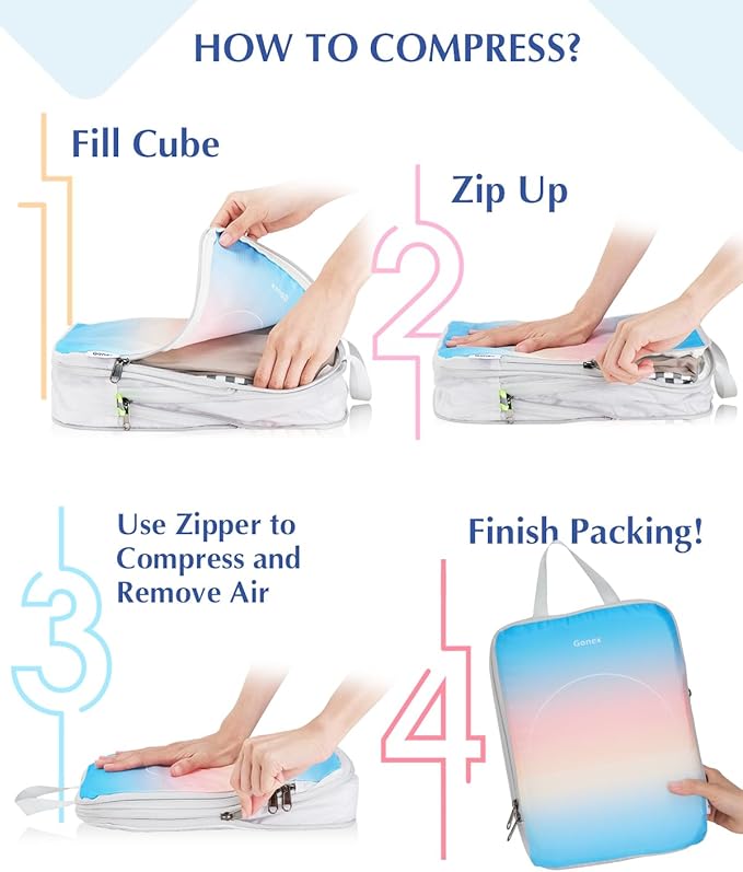Gonex Compression Packing Cubes, 4pcs Expandable Storage Travel Luggage Bags Organizers, Travel Cubes for Suitcase Carry On (Gradient)