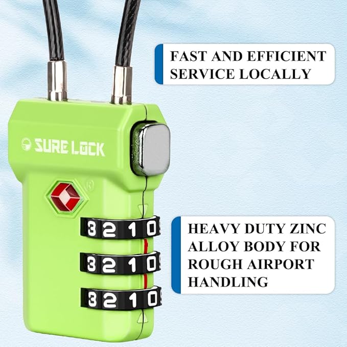 SURE LOCK TSA Approved Luggage Locks – 3-Digit Combination Cable Lock with Red Indicator, Large Dial & Easy-Press Button for Suitcases and Backpacks – Multi-Pack & Color Options
