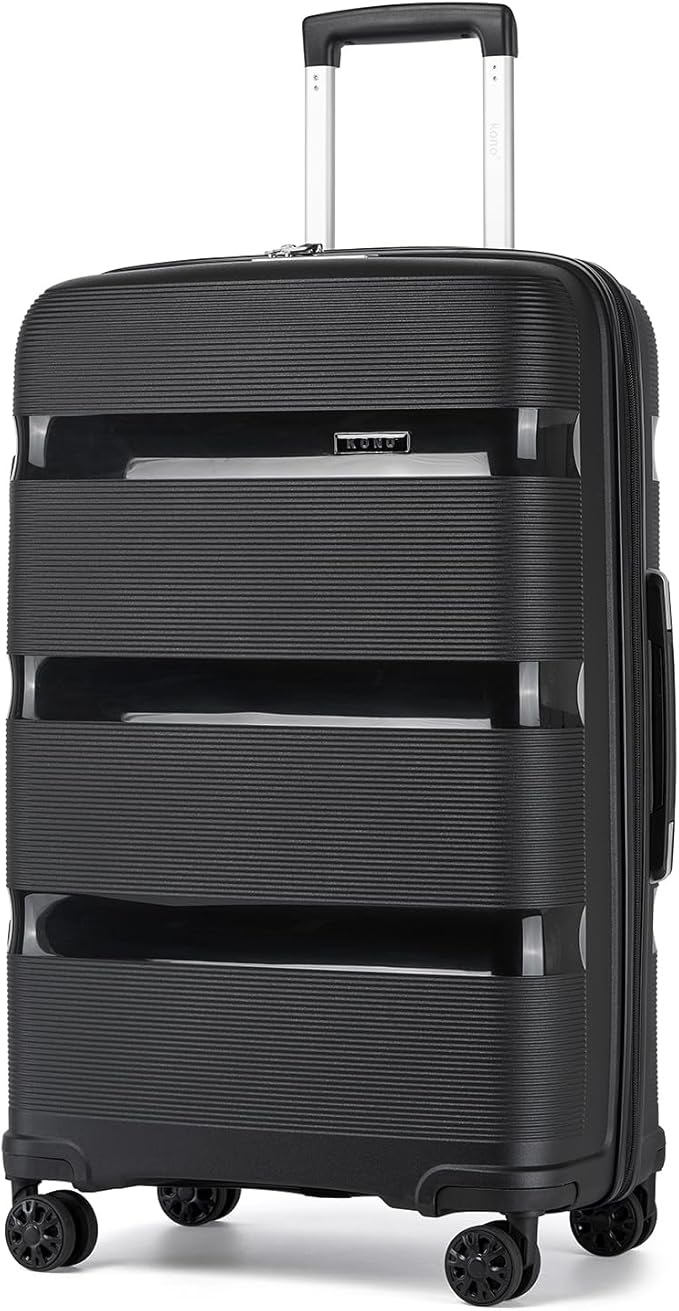 Kono Carry On Luggage 28 Inch Checked-Large Hard Shell Travel Trolley 4 Spinner Wheels Lightweight Polypropylene Suitcase with TSA Lock, Black