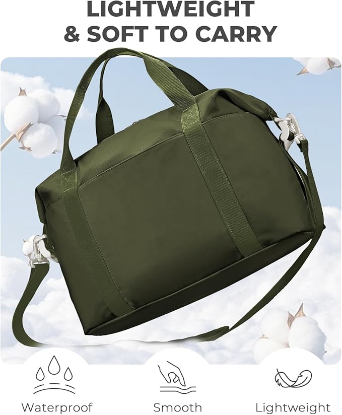 Percover Weekender Travel Duffel Bag for Women, Lightweight Soft-Structure 33L Carry-On, Water-Resistant Nylon with Shoulder Strap & Trolley Sleeve, Personal Item Friendly, Olive Green
