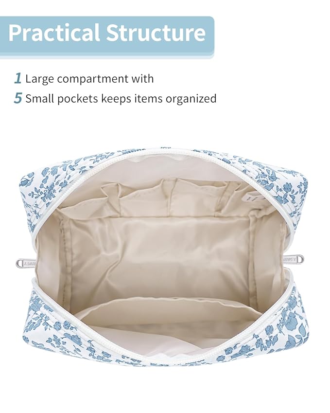 Narwey Cute Floral Makeup Bag Travel Cosmetic Bag Organizer Toiletry Bag Make Up Bags with Organized Pocket for Women Girls (Large,Blue Flower)