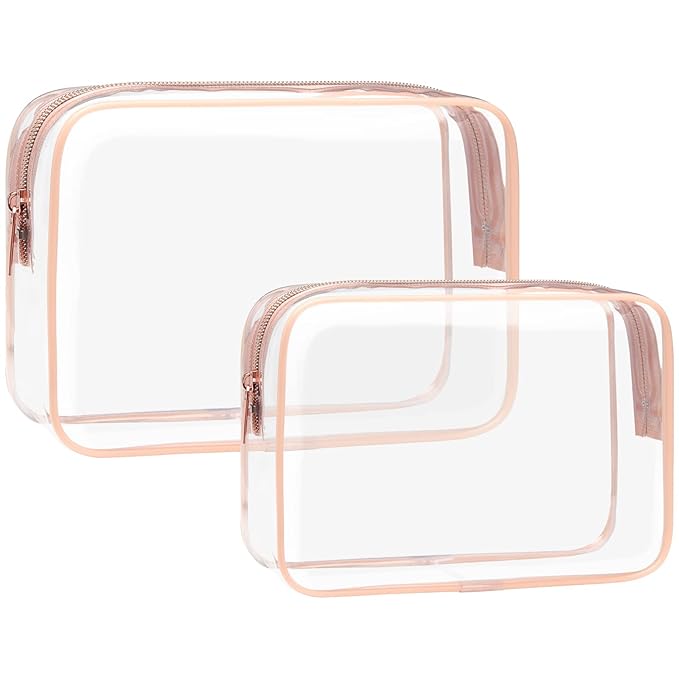 F-color 2 Pack Clear Makeup Bag, 1 Medium TSA Approved Toiletry Bag Quart Size Carry On & 1 Large for Checked Luggage, Water-resistant Clear Travel Bags for Toiletries, Rose Pink