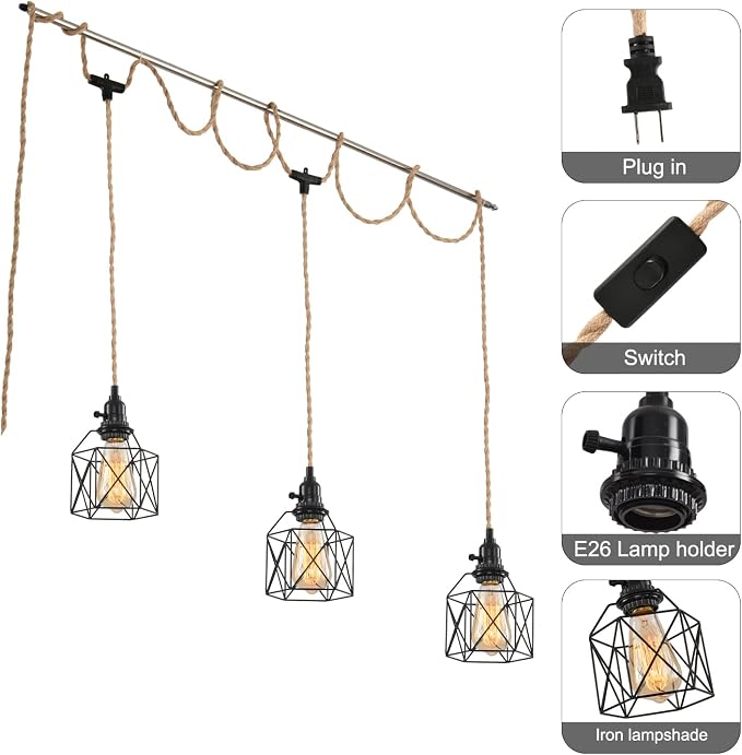 3-Light Hanging Light with Plug in Cord,Plug in Pendant Light 22ft Hemp Rope Pendant Lighting Vintage 3-Light Hanging Lamp Fixtures for Kitchen Island Living Room Bedroom