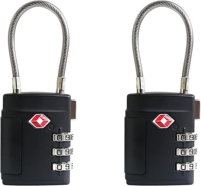 TSA Locks for Luggage, Small Padlock Combination, Luggage Locks TSA Approved, Combo Padlocks with Cable for Suitcase, Gym Locker, Backpack, Gun Case, Bag Zipper, Tool Box (Black+Black)