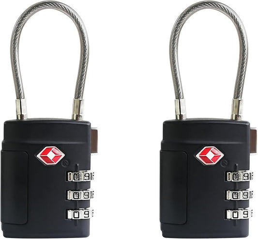 TSA Locks for Luggage, Small Padlock Combination, Luggage Locks TSA Approved, Combo Padlocks with Cable for Suitcase, Gym Locker, Backpack, Gun Case, Bag Zipper, Tool Box (Black+Black)