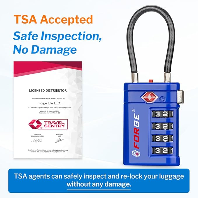 Forge TSA Approved Luggage Locks 4 Digit Combination TSA Travel Locks with TSA008, Open Alert Indicator, Zinc Alloy Body for Luggage, Suitcase, Backpack, and More. Blue 4 Locks.