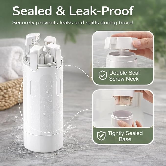 4-in-1 Travel Bottles for Toiletries, Travel Pump Bottle，Leak-Proof Shampoo Conditioner Lotion Dispenser with Pump, Compact No-Spill Toiletry Containers for Travel & Business Trips (White)