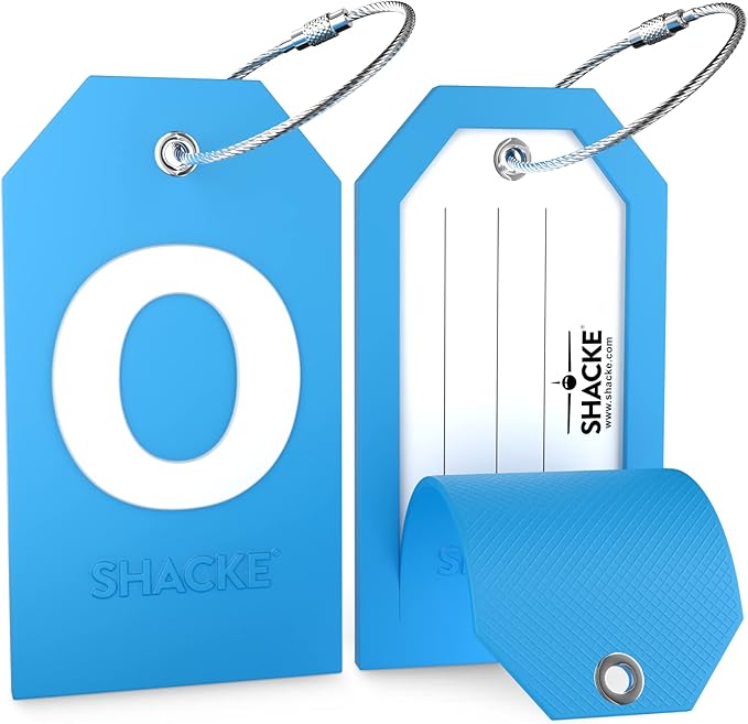 Shacke Initial Luggage Tag with Full Privacy Cover and Stainless Steel Loop - Aqua Teal (Letter O)