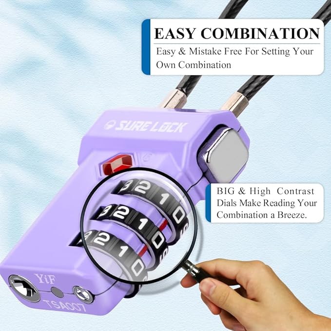 SURE LOCK TSA Approved Luggage Locks – 3-Digit Combination Cable Lock with Red Indicator, Large Dial & Easy-Press Button for Suitcases and Backpacks – Multi-Pack & Color Options