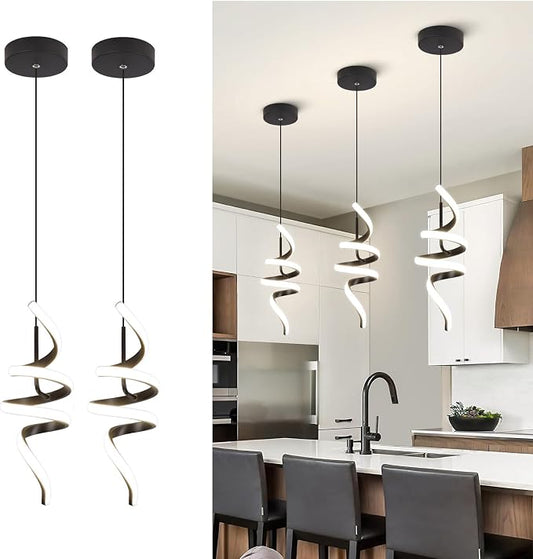 4000K Modern Pendant Light, 15IN Spiral LED Pendant Lights Adjustable Height Black Kitchen Island Fixtures Chandeliers for Dining Room Hanging Lights, 1 Pack (Black,4000K, Hardwired,2PACKS)