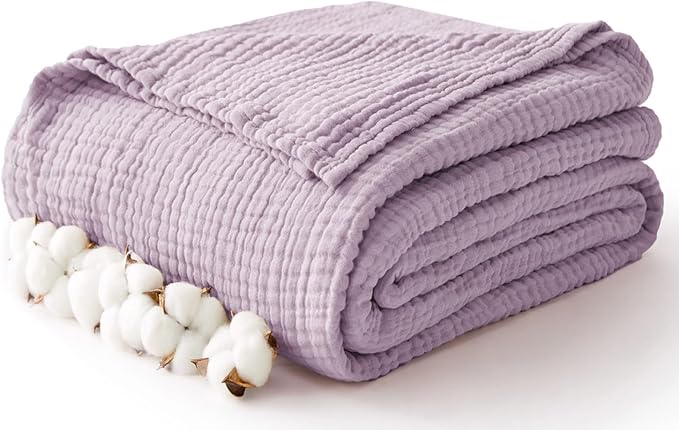100% Cotton Muslin Blanket Twin XL 66" x 90", Breathable and Cooling Bed Blankets, Soft Boho Coverlet Bedspread, Gauze Bedding for Adults All Season, Purple, Lavender