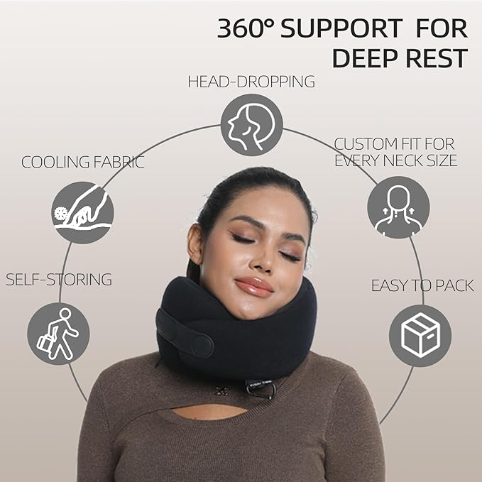 360° Ergonomic Travel Pillow – Self-Storing Memory Foam Neck Pillow for Airplane, Car, and Home – Adjustable, Breathable, Ultra-Compact for Long Flights