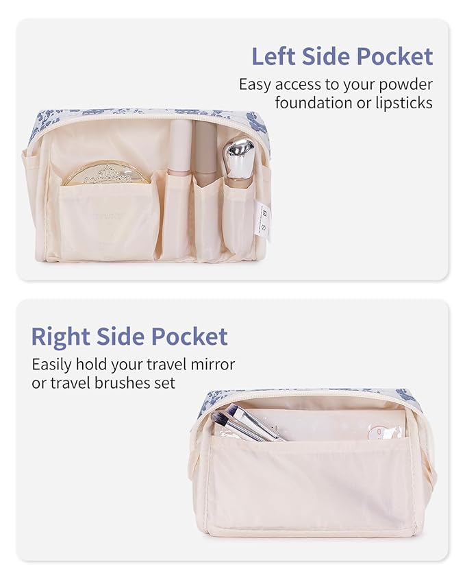 Narwey Small Cute Floral Makeup Bag for Purse Mini Cosmetic Bag Travel Makeup Pouch Zipper Pouch Cute Make up Bags with Compartments for Women Girls (Little Grayish Blue Flower, Small)