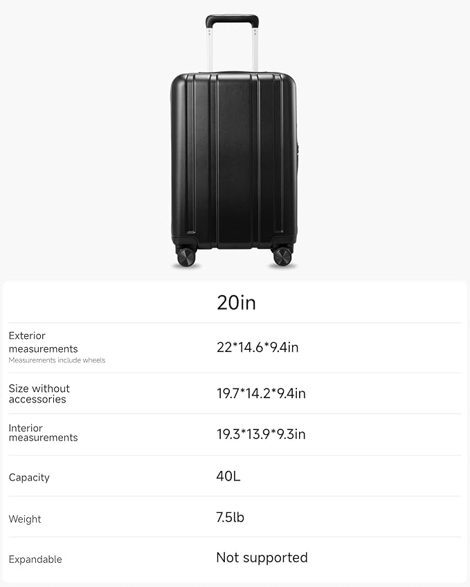 LUGGEX Carry On Luggage 22x14x9 Airline Approved, L2 100% PC Hard Shell Travel Suitcase with Smooth Spinner Wheels, TSA Lock (EX-Core, Black, 20 Inch, 40L)