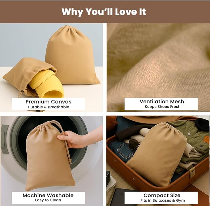 LFH Cotton Rich Shoe Storage Bags with Drawstring, Dustproof Breathable Reusable Organizer, Perfect For Travel, Dorm, Hotel, College, Gym, Easy to Carry, Machine Washable 8"x17" (Pack of 6) - Beige