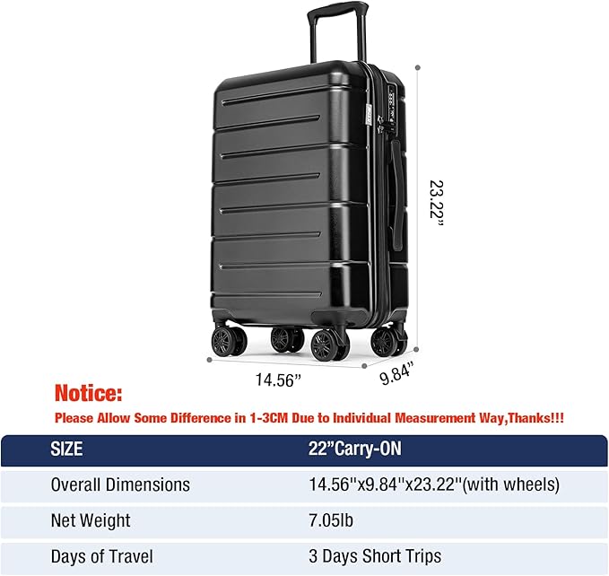 KYME Carry On Luggage 22x14x9 Airline Approved Hardshell Carry On Suitcases with Wheels Travel Rolling 20 Inch Luggage with Cup Holder for Men Women,Carry-on Black