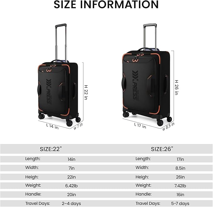 2-Piece Set（22in/26in） Front Opening,Softside Luggage Sets w/Double Spinner Wheels Suitcase,Waterproof,Lightweight Travel Luggage Rolling Suitcase（Black,22in/26in）