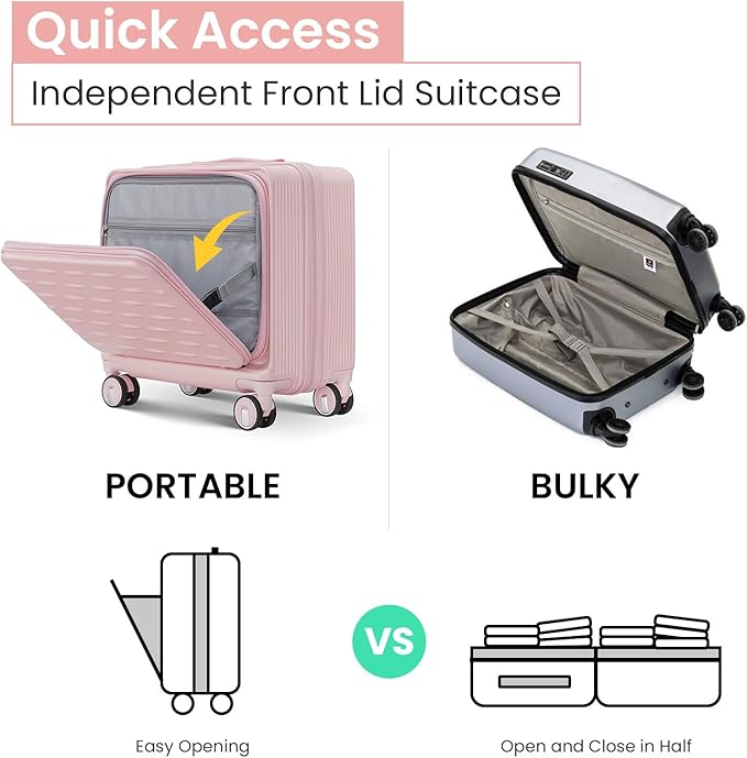3 Piece Luggage Set 16 Inch Carry On with Front Opening, Expandable PC Hardshell Suitcase with 14" Cosmetic Case & Handbag, Lightweight Underseat Rolling Luggage with TSA Lock & PVC Cover