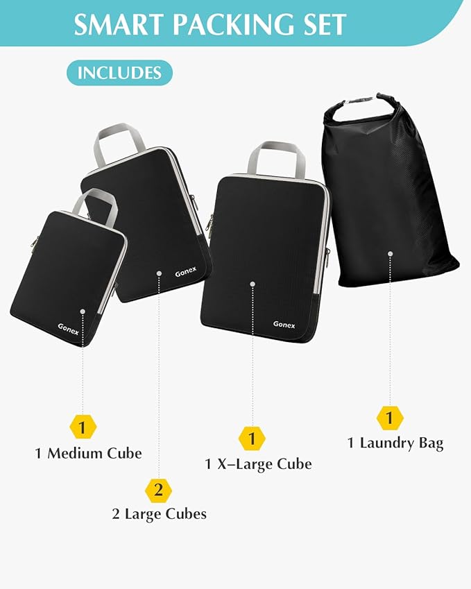 Gonex Compression Packing Cubes, 5pcs Expandable Storage Travel Luggage Bags Organizers with Laundry Bag (Black)