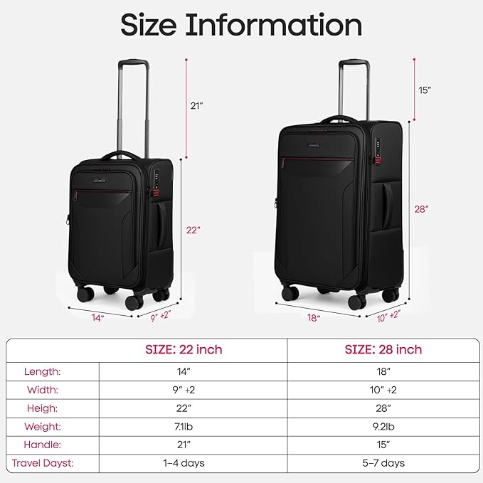 2PCS Set（22in/28in）Softside Luggage Sets w/TSA LOCK,Expandable 20% Luggage w/Spinner Wheels,Upright Spinner Softshell,Lightweight Durable Rolling Travel Luggage Set for Men/Women（Black,22in/28in）