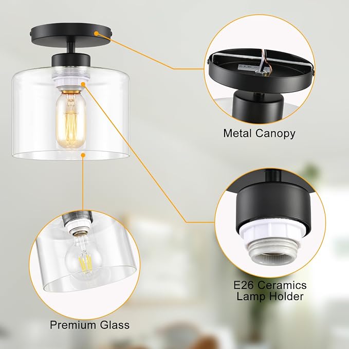 Semi Flush Mount Ceiling Light, Modern Kitchen Lighting Fixtures Ceiling, Rustic Ceiling Light Fixtures, Ceiling Lights with Glass Shade for Hallway Foyer Entryway Bedroom